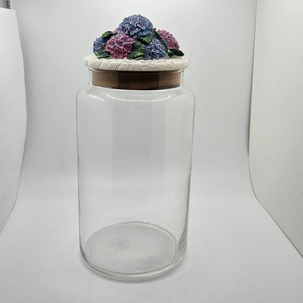 Vintage Glass Canister Jar Hydrangea Floral Resin Lid Cottagecore 8